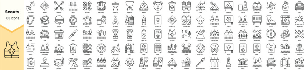 Set of scouts icons. Simple line art style icons pack. Vector illustration