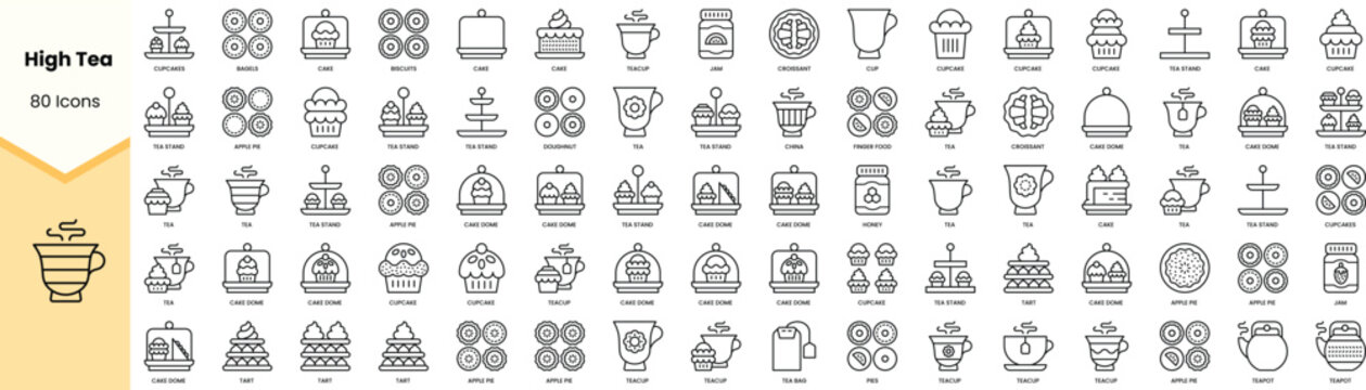 Set of high tea icons. Simple line art style icons pack. Vector illustration