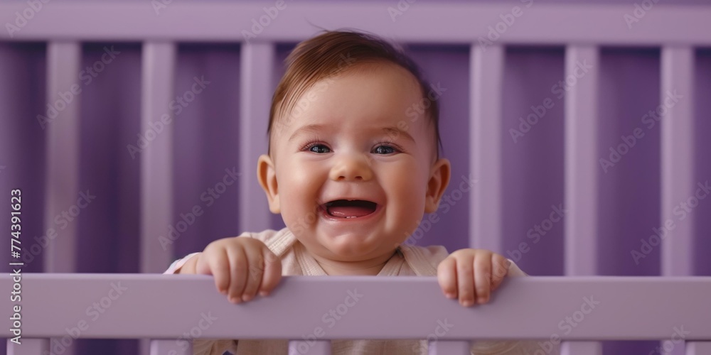 Canvas Prints A baby smiling while standing in a crib with a purple background. Generative AI.