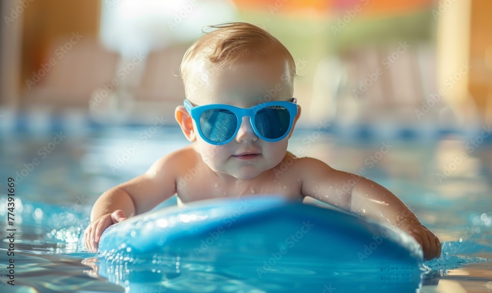 Wall mural A baby in a pool wearing sunglasses on a boogie board. Generative AI.