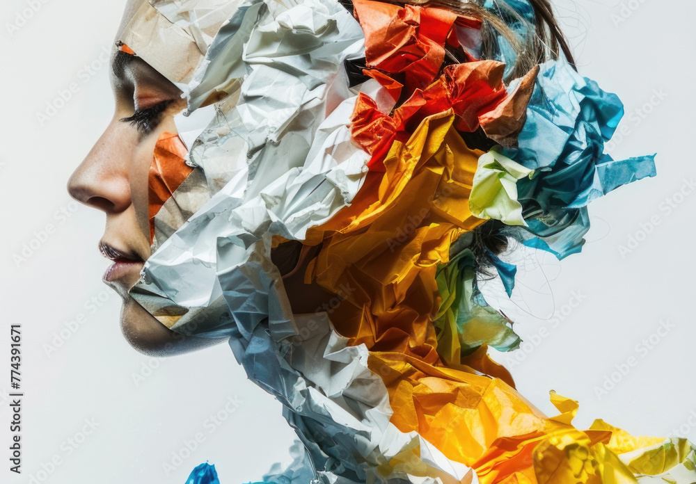 Poster Charming womans face is obscured by crumpled paper, creating a unique and textured appearance