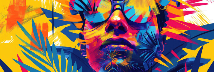 Womans face is artistically rendered with a bold abstract design, featuring bright colors, geometric shapes, and a dynamic burst of patterns