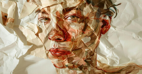 A detailed collage made of torn paper pieces forms a striking representation of a human face, bathed in soft, warm lighting