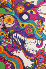 A colorful, abstract mural featuring whimsical shapes, eyes, and a wide-open mouth in a psychedelic style