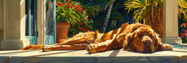 A sizable brown dog comfortably resting on a patio, under the open sky, basking in the sun - obrazy, fototapety, plakaty