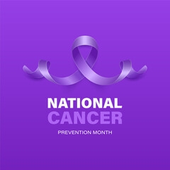 National Cancer Prevention Month, February. Banner, Card, Placard with Realistic 3D Vector Lavender Ribbon on Lavender Background. Cancer Awareness Month Symbol, Closeup. World Cancer Day Concept