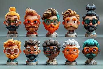 Faces of cartoon characters in 3D modern format