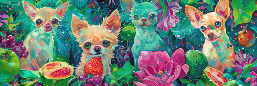 A painting depicting a group of chihuahuas surrounded by vibrant flowers in a colorful setting