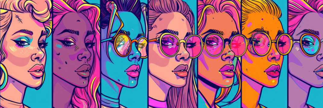 Series of pop art style illustrated faces of diverse women, each sporting unique eyewear against a colorful background