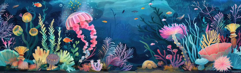 Fototapeta na wymiar A detailed painting featuring vibrant corals and gracefully floating jellyfish in an underwater setting