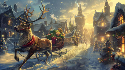 A reindeer with antlers pulling a festive sleigh through a snowy Christmas scene - obrazy, fototapety, plakaty