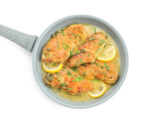 Delicious chicken piccata with herbs isolated on white, top view