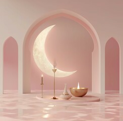 Ramadan moon and ewer setting with candles. copy space.