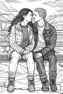 A young man and woman share a tender kiss while sitting together on a wooden bench, surrounded by a scenic mountain landscape