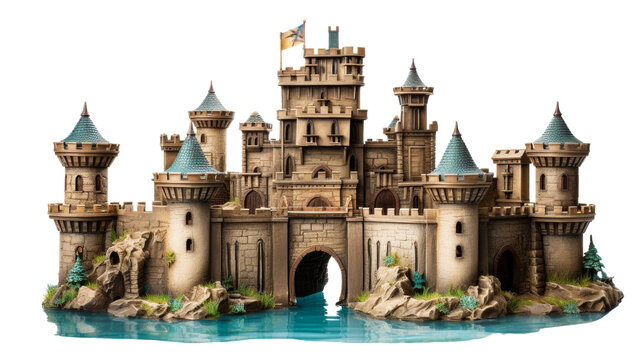 A castle with towering spires stands gracefully on a serene body of water