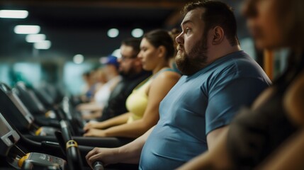Übergewichtige Menschen im Fitnessstudio, geringe Motivation, Konzept quälen für den Fitnesswahn - obrazy, fototapety, plakaty
