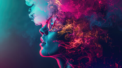 A profile of a woman exhaling vibrant smoke, illuminated by neon lighting, showcasing a visually striking and artistic expression
