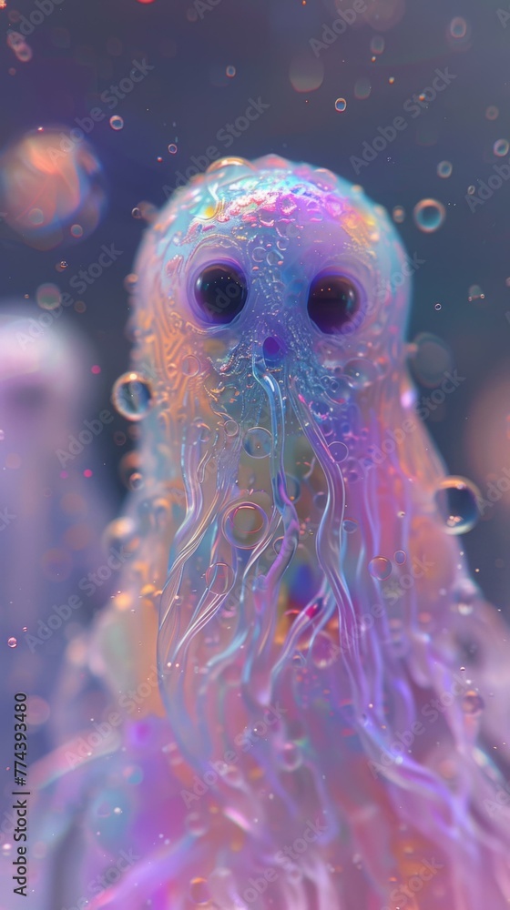 Poster a close-up of a ghost with bubbles around it. generative ai.