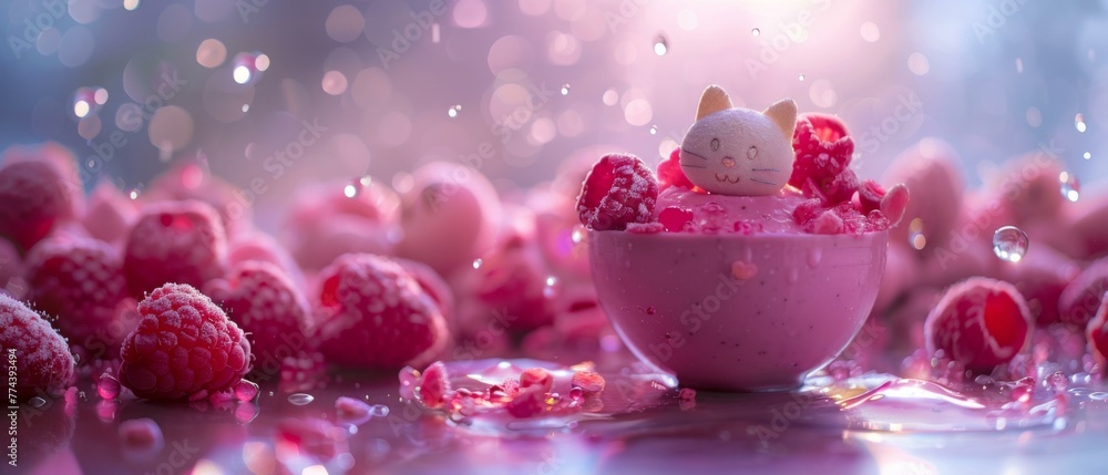 Poster a bowl of raspberry ice cream with a cat in it. generative ai.