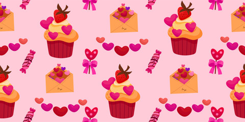 Cute Valentines day seamless pattern. Vector illustrations for valentines day, stickers, greeting cards