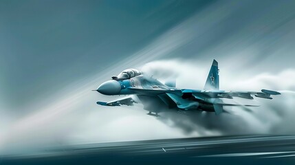 Blue su-27 performing evasive manuevers,to avoid surface-to-air missiles, stunning, photography, depth of field, midday - obrazy, fototapety, plakaty