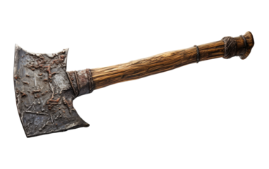 An ancient axe with a weathered wooden handle rests on a pristine white background