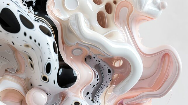  3d art piece that is made from light pink and champagne, in the style of soft and rounded forms, black and white imagery, warm color palettes, bold color blobs, playful imagery, neutral color palette