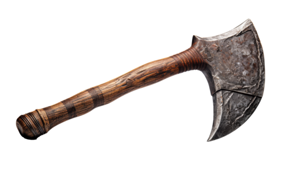 An aged axe with a wooden handle, resting on a white background