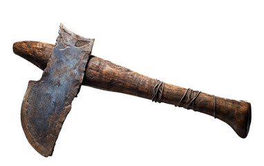 A weathered axe with a wooden handle rests on a pristine white background - Powered by Adobe