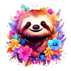 Fototapeta premium Joyful Sloth with Colorful Flowers