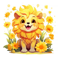 Obraz na płótnie Canvas Cheerful Lion Cub with Marigolds