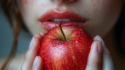 Close-up of a person biting into a fresh, dewy apple - obrazy, fototapety, plakaty