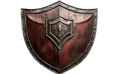 A wooden shield adorned with intricate metal accents against a pristine white background