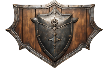 Wooden shield with intricate metal accents on a pristine white background