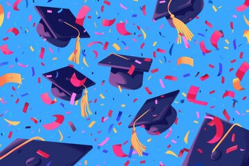 Flying graduation caps and confetti, graduation banner,  illustration