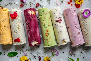 Assorted Indian ice cream in various colors and flavors viewed from above - obrazy, fototapety, plakaty