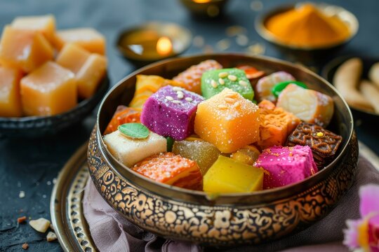 Assorted Indian sweets in bowl for Diwali or other festivals selective focus