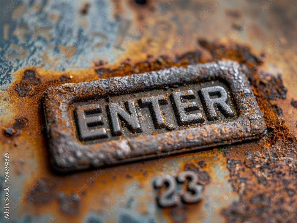 Fototapete a close up of a rusty metal plate with the word enter on it. generative ai.