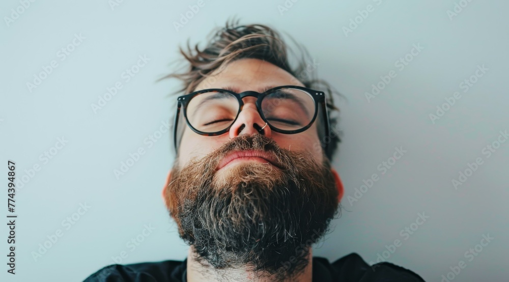 Poster a man with glasses and a beard is looking up. generative ai.
