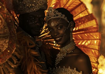 A couple of a man and woman in costume pose for a picture. Generative AI.