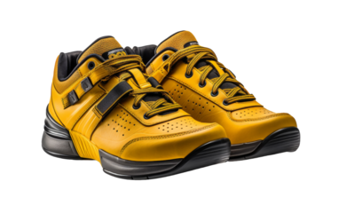 A vibrant pair of yellow shoes stands out on a clean white background