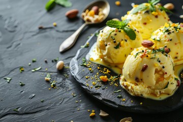Authentic Rajasthani cuisine Homemade kulfi dessert with safron mint and nuts on black slate Horizontal view with space for text - obrazy, fototapety, plakaty