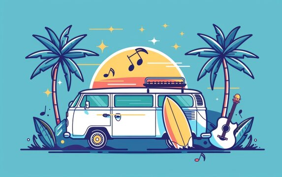 A cute van with surfboards and palm trees, music notes around it a travel poster or print on a blue background Generative AI