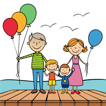 family-holding-balloons-on-wooden-pier