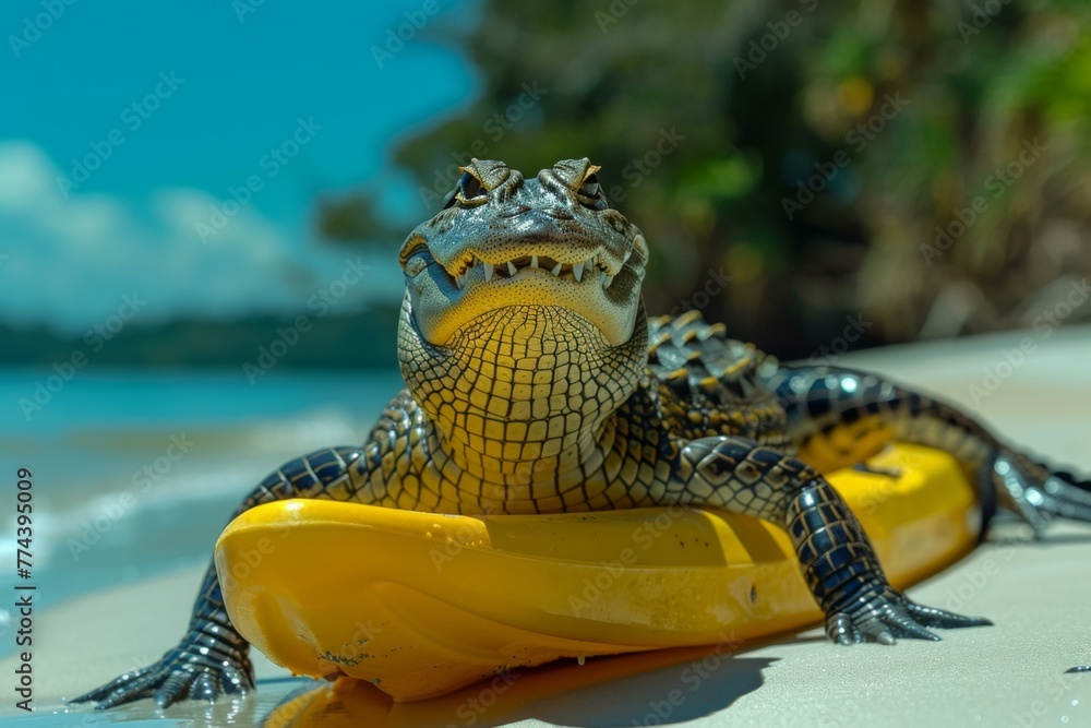 Poster An alligator sitting on a banana on the beach. Generative AI.