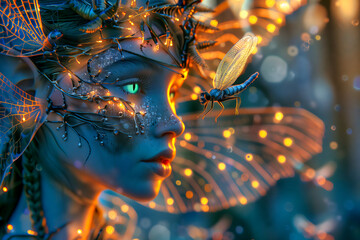 closeup of an elf with dragonfly wings, glowing eyes and a dragonfly flies in front of her eyes - 774395277