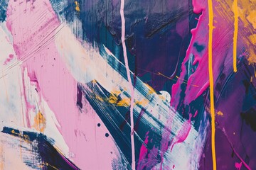 Messy paint strokes and smudges on an old painted wall. Pink, purple, yellow, blue color drips, flows, streaks of paint and paint sprays