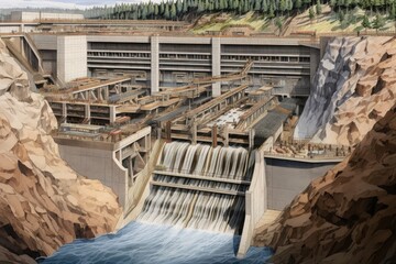 Huge dam under construction, top overlooking the huge dam under construction, Ai generated