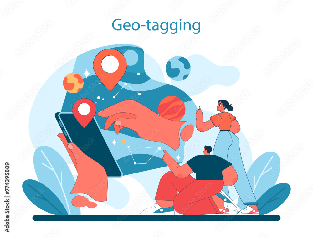 Poster geo-tagging in virtual tourism. explorers use a tablet to pin location