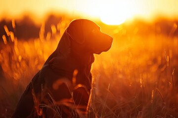 Back lit Labrador retriever at sunrise